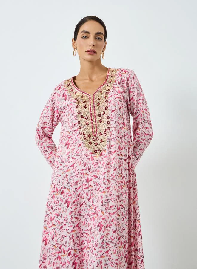 Maxim Creation Women Pink Floral Print Embroidered Jalabiya